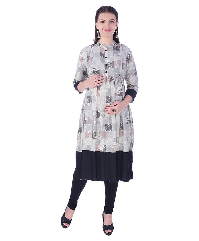 MomToBe Three Fourth Sleeves Maternity Kurti Floral Print - Ink Black
