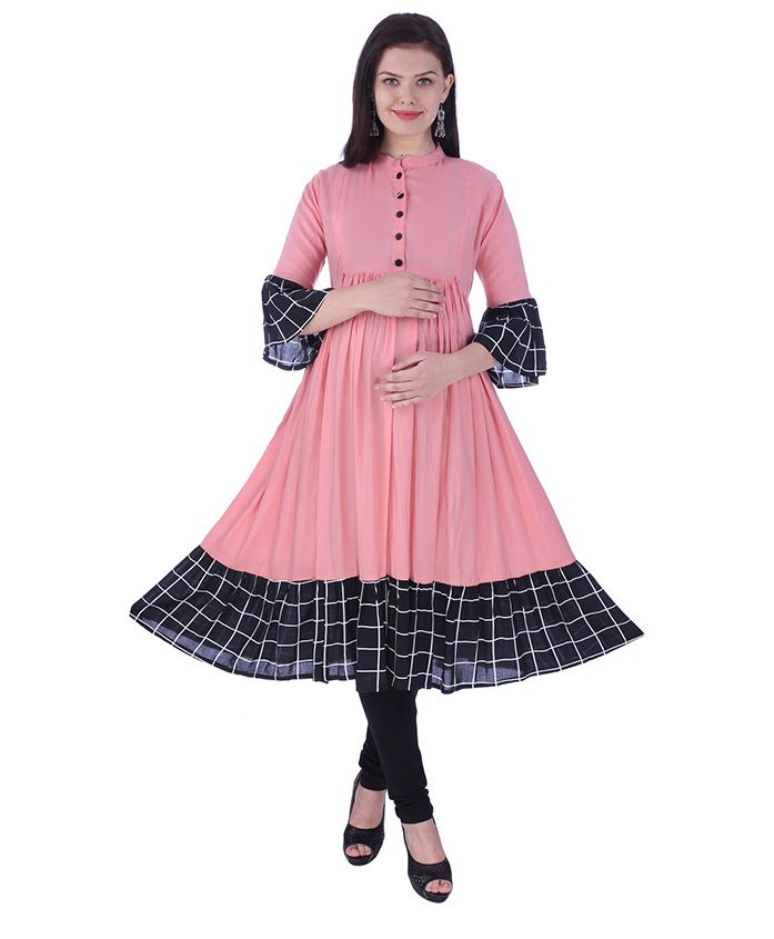 MomToBe Three Fourth Sleeves Maternity Kurti - Coral Peach