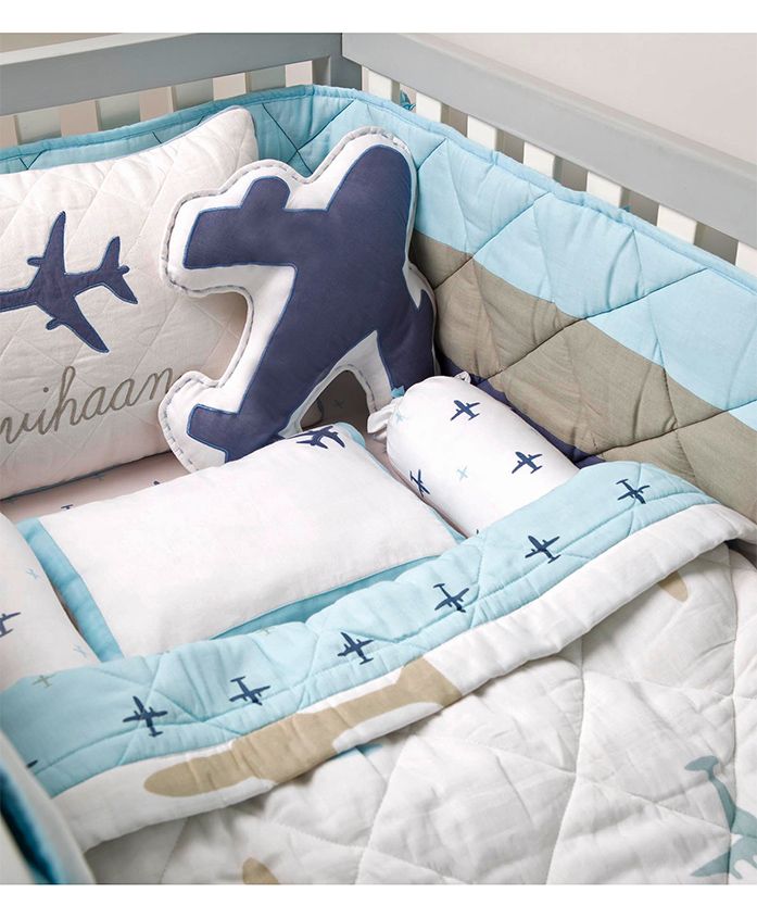 Masilo Linen For Littles Organic Cotton Cot Bedding Set With Dohar Aeroplane Print - White Blue