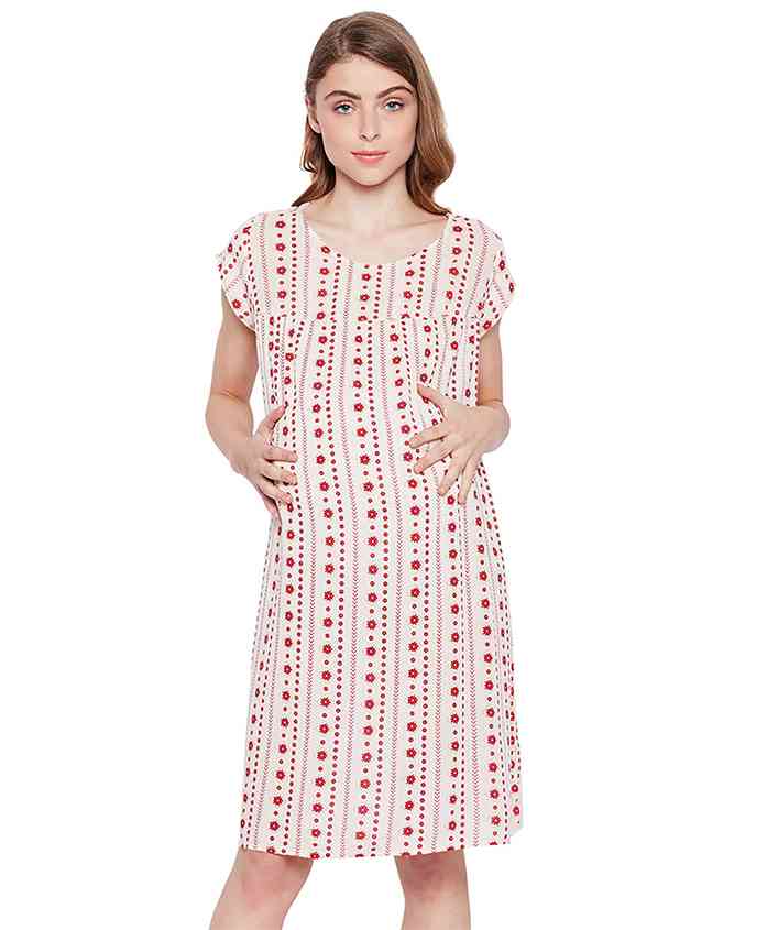Oxolloxo Short Sleeves Maternity Dress Floral Print - Off White Red