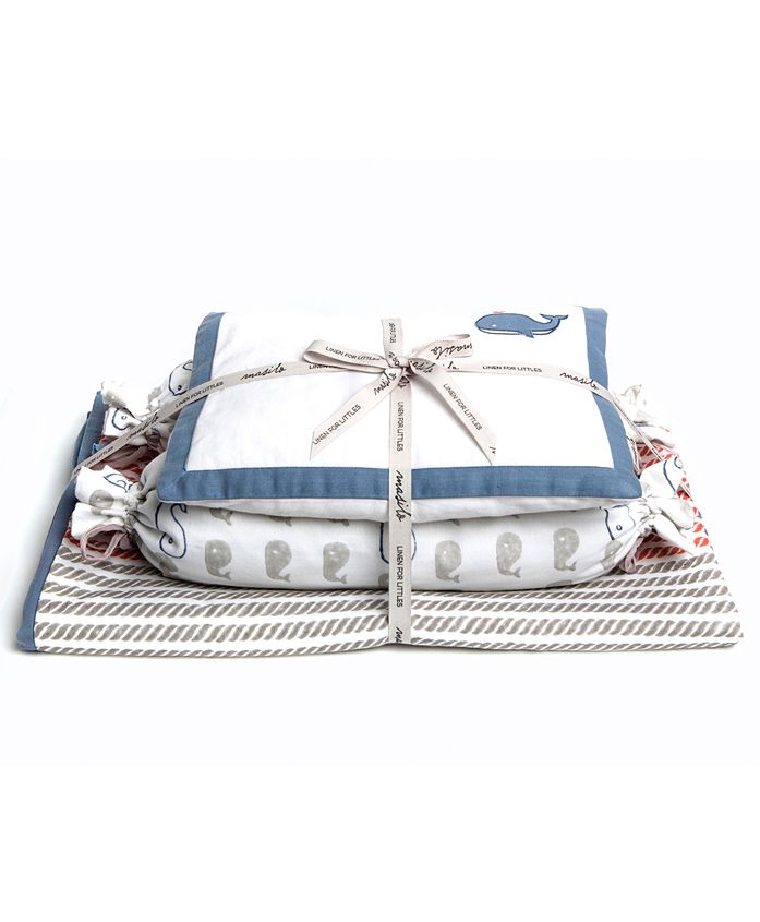 Masilo Linen For Littles Dream Wings New Baby Mini Organic Cotton Cot Set Whale Print - White Blue