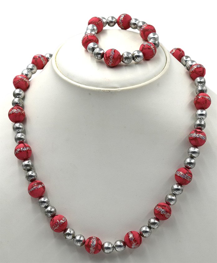 Magic Needles Beads Necklace & Bracelet Set - Fuchsia Silver