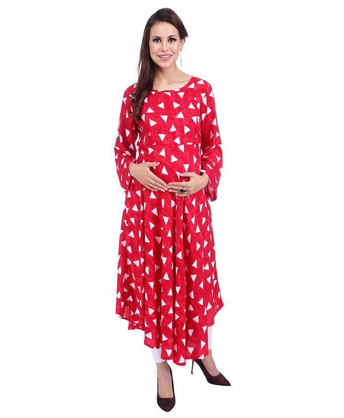 MomToBe Three Fourth Sleeves Maternity Kurti Geometric Print - Candy Red