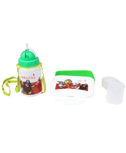Imagica Combo Set Of Lunch Box And Sipper Water Bottle - Green And White