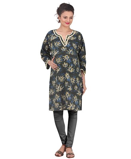 Uzazi Three Fourth Sleeve Maternity Kurti Floral Print - Green & Navy