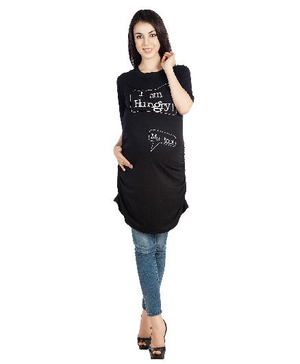 Blush 9 Three Fourth Sleeves Maternity Tunic Top I Am Hungry Print - Black