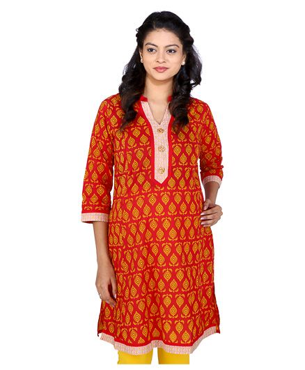 MomToBe Three Fourth Sleeves Maternity Kurti Abstract Print - Red And Yellow