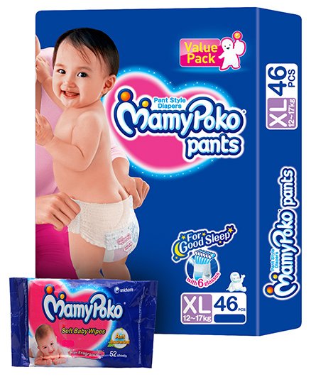 Mamy Poko Pants Pant Style Diapers Size XL (12 - 17 Kg) 46 Diapers With Mamy Poko Baby Wipes 52 Pieces Combo (Set Of 2)