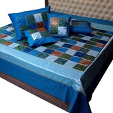 Little India - Blue Multicolour Silk Double Bed Cover Set DLI3SLK330