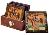 Little India Gemstone Painting Pure Brass Tea Coasters Gift Set - DLI3HCF112