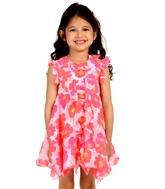 Nauti Nati - Short Sleeves Floral Printed Handerchief Hem Frock