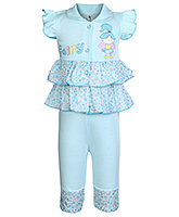 Cucumber - Cap Sleeves Frill Top With Capri Set