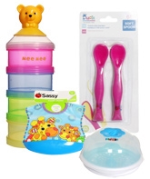 Combo pack of Soft Spoon,Milk Powder Container,Feeding Bib & Sterilization Set (Pack of 4)