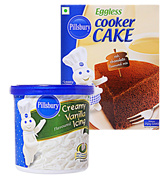Pillsbury Creamy Vanilla Icing with Pillsbury Cooker Cake - Rich Chocolate Mix
