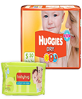 Huggies - Dry Diapers S (Upto 7 Kg), 30 Pieces with Baby Hug - Premium Baby Wipes 40 Pieces combo (Set of 2)
