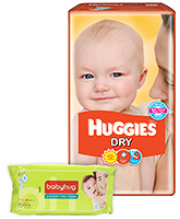 Huggies - Dry M (5 - 11 Kg), 30 Pieces with Baby Hug - Premium Baby Wipes 40 Pieces combo (Set of 2)