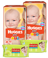  2 Huggies - Dry M (5 - 11 Kg), 30 Pieces with 2 Baby Hug - Premium Baby Wipes 40 Pieces combo (Set of 4)