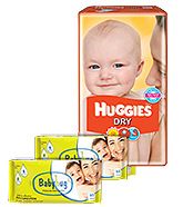Huggies - Dry M (5 - 11 Kg), 30 Pieces with 2 Baby Hug - Premium Baby Wipes 40 Pieces combo (Set of 3)
