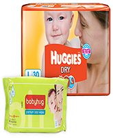 Huggies - Dry L (8 - 14 Kg) 30 Pieces with Baby Hug - Premium Baby Wipes 40 Pieces combo (Set of 2)