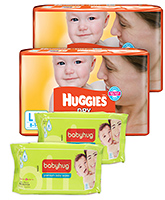2 Huggies - Dry L (8 - 14 Kg) 30 Pieces with 2 Baby Hug - Premium Baby Wipes 40 Pieces combo (Set of 4)