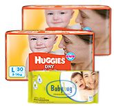 2 Huggies - Dry L (8 - 14 Kg) 30 Pieces with Baby Hug - Premium Baby Wipes 40 Pieces combo (Set of 3)