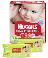 Huggies Total Protection S (Upto 7 Kg), 46 Pieces with 2 Baby Hug - Premium Baby Wipes 40 Pieces combo (Set of 3)