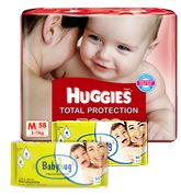 Huggies Total Protection M (5 - 11 Kg), 58 Pieces with 2 Baby Hug - Premium Baby Wipes 40 Pieces combo (Set of 3)