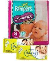 Pampers - Active Baby Diapers S ( 3 - 8 Kg), 22 Pieces with 2 Baby Hug - Premium Baby Wipes 40 Pieces (Set of 3)