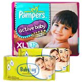 Pampers - Active Baby Diapers XL, 12 kg, 32 Diapers with 2 Baby Hug - Premium Baby Wipes 40 Pieces (Set of 3)