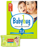 Baby Hug - 7 in 1 Premium Baby Diapers Large, 9 - 14 Kgs, 36 pieces with Wipes 40 Pieces (Pack of 2)