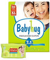 Baby Hug - 7 in 1 Premium Baby Diapers Extra Large, 12 Kg and above, 32 Pieces with Wipes 40 Pieces (Pack of 2)