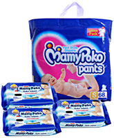 Mamy Poko Pants - Pant Style Diapers Size S(68), 4 - 8 kg with 3 Mamy Poko Wipes 20 pcs each combo (Set of 4)