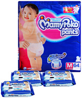 Mamy Poko Pants Pant Style Diapers Size M ( 7 - 12 Kg )  Pack of 64 Diapers with 3 Mamy Poko Baby Wipes 20 Pieces each (Set of 4)