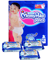 Mamy Poko Pant Style Diaper L-56 and with 3 Mamy Poko Wipes 20 pieces each (Set of 4)
