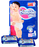 Mamy Poko Pants Pant Style Diapers Size XL (12 - 17 kg)  46 Diapers with 2 Mamy Poko Baby Wipes 20 Pieces each (Set of 3)