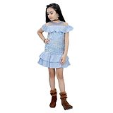 Tiny Girl Half Sleeves Flower Applique Layered Midi Dress - Blue