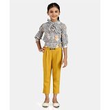 Peppermint Three Fourth Sleeves Houndstooth And Roses Print Shirt Style Top And Ankle Length Pants Set - Mustard Yellow