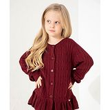 Cherry Crumble By Nitt Hyman Full Sleeves Cable Knit Self Design Flared Sweater - Maroon