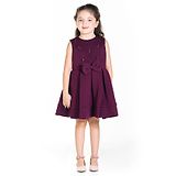 Cherry Crumble By Nitt Hyman Sleeveless Knee Length Self Design Pleated Button Bow Embellished Dress - Burgundy