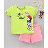 Babyhug Half Sleeves Top and Knee Length Shorts Mickey Mouse & Friends Print - Sunny Lime Pink