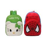 PROERA Hello Kitty & Spiderman Kids School Bag  Soft Plush Green Red Pack of 2 - Height 12 Inches