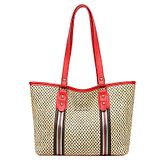 MOMISY Womens Straw Large Capacity Shoulder Tote Handbag with Top Handle - Red & Beige