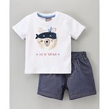 Little Kangaroos Half Sleeves T-Shirt & Shorts Set Bear Print - White Navy