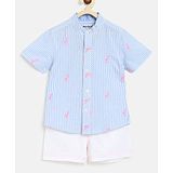 Nauti Nati Half Sleeves Stripes & Flamingo Print Shirt & Solid Shorts Set - Blue & White