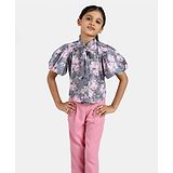 Peppermint Half Sleeves Floral Print Top With Pants - Grey & Peach