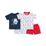 BUMZEE Pack Of 2 Half Sleeves Fox & Astronaut Print Tee & Shorts Sets - Red White Blue & Yellow