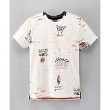 Little Kangaroos Half Sleeves Cotton T-Shirt Good Vibes Print - Off White