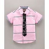 Little Kangaroos Half Sleeves Cotton Striped Shirt With Tie - Pink