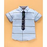 Little Kangaroos Half Sleeves Cotton Striped Shirt With Tie - Blue