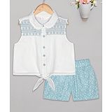 Budding Bees Sleeveless Embroidered Top & All Over Floral Printed Shorts Set - White & Blue